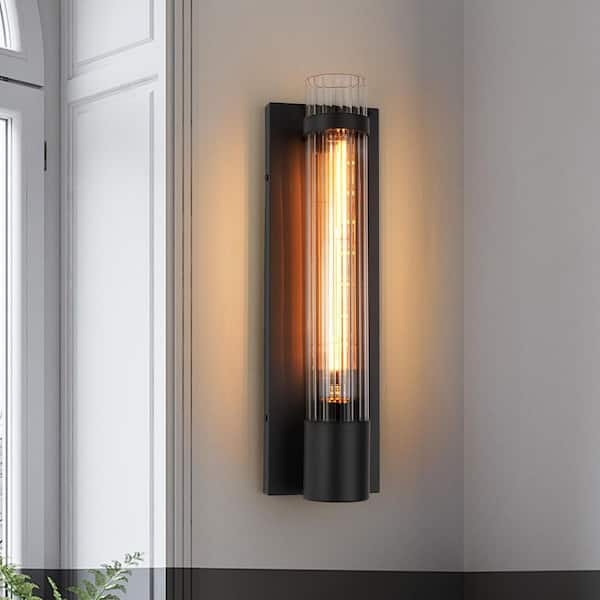 HUOKU Tuler 1-Light 4.5 in. W Matte Black Vanity Light with Clear Stripe Glass Tubular Wall Light for Bathroom