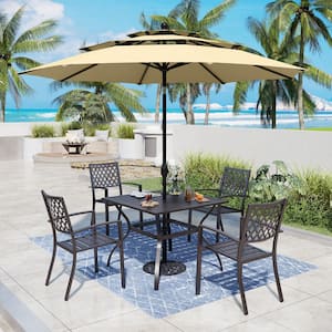 Black 6-Piece Metal Outdoor Patio Dining Set with Umbrella and Slat Square Table and Elegant Stackable Chairs