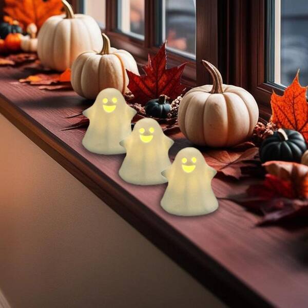 LUMABASE 3 in. Battery Operated Ceramic Halloween Ghosts-Set of 3