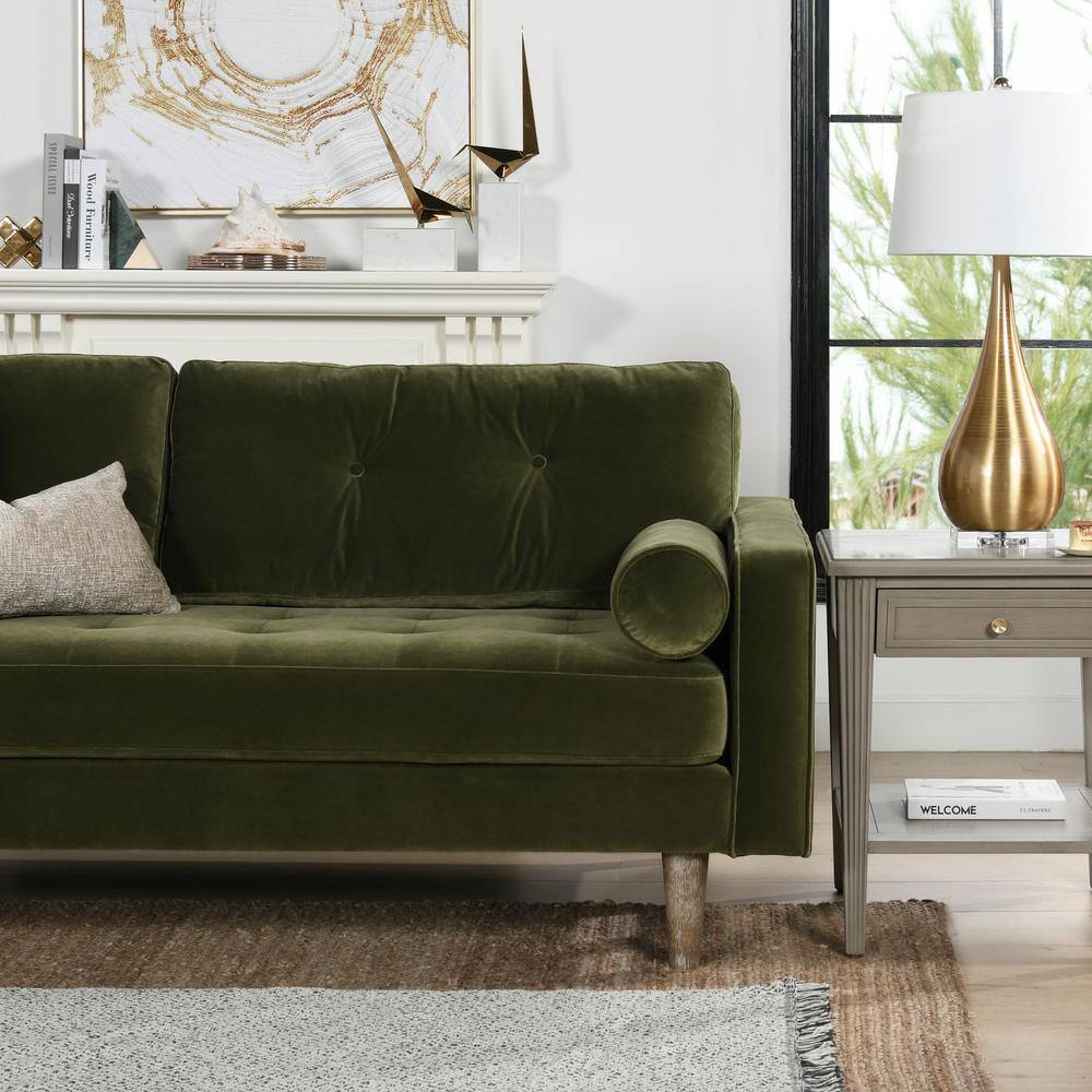 Olive Green Tufted Faux Leather Sofa with Wood Legs