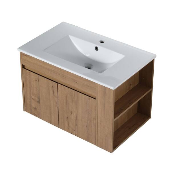 30 Floating Wall Mount Bathroom Vanity Cabinet W/Ceramic Basin Sink+ Open  Shelf