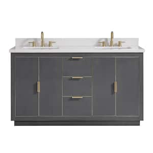 Austen 61 in. W x 22 in. D Bath Vanity in Gray with Gold Trim with Quartz Vanity Top in White with Basins