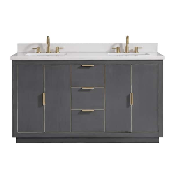 Avanity Austen 61 in. W x 22 in. D Bath Vanity in Gray with Gold Trim with Quartz Vanity Top in White with Basins