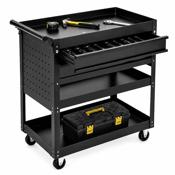 Heavy Duty 3-Tier Steel Rolling Tool Cart Organizer with 2 Drawers, Casters Mobile for Garage, Warehouse, Workshop