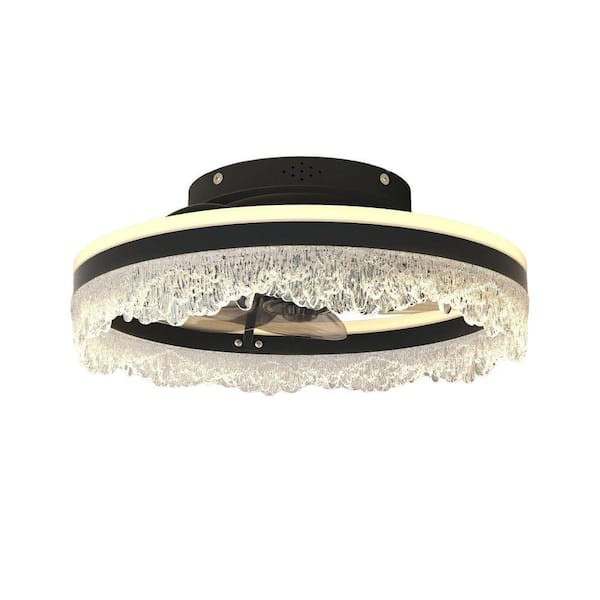 16 in. Black Standard Indoor Flush mount Ceiling Fan with Crystal Wave Light Ring, APP control and Reversible Rotation
