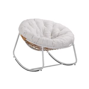 White Frame Metal Outdoor Rocking Chair, Patio Wicker Egg Chair, with Teddy White Cushion, for Backyard, Patio, Garden