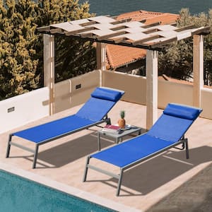 3-Piece Outdoor Patio Chaise Lounge Set with Aluminum Side Table, Blue Textilene