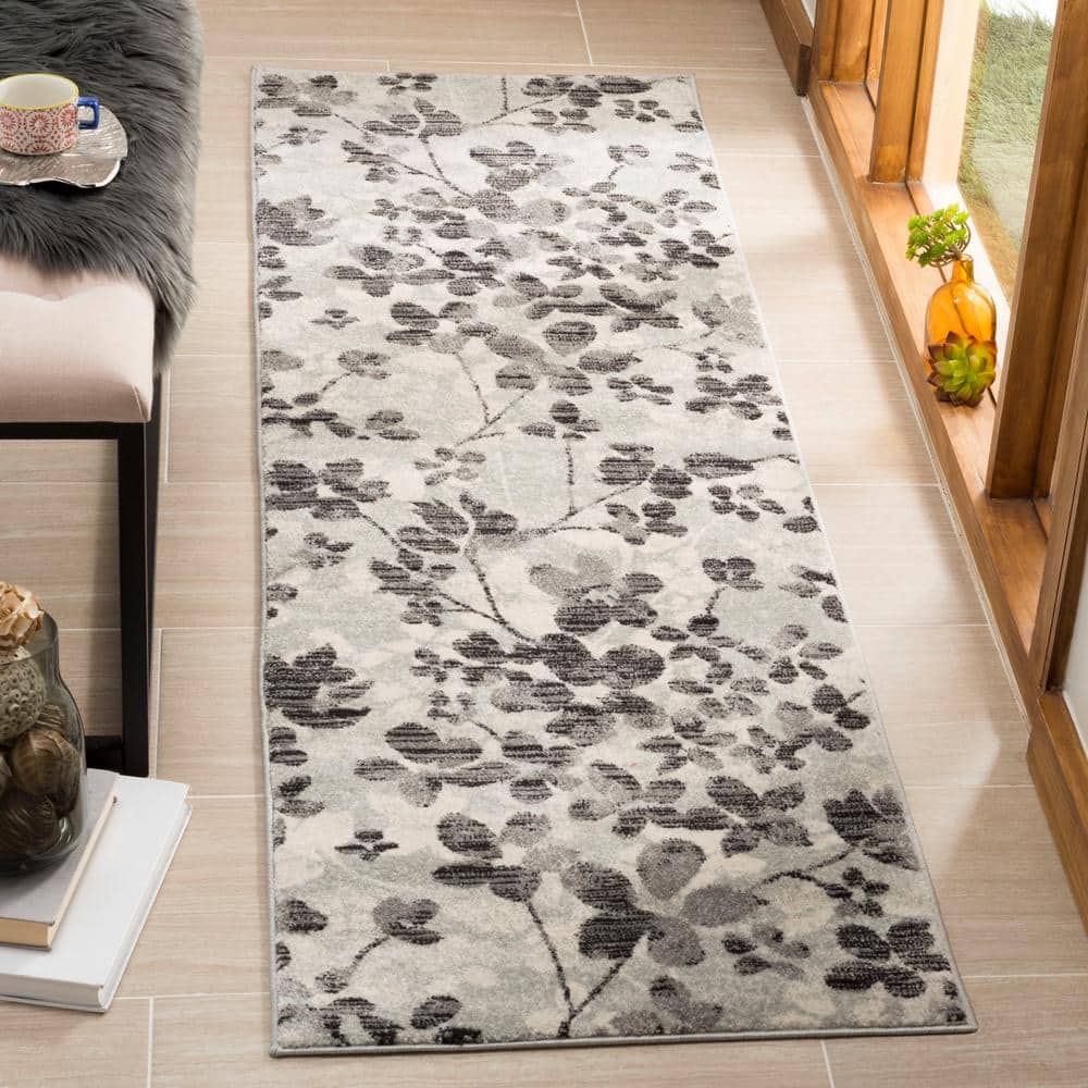 Evoke Grey/Black Floral Non-Shedding 2'2" x 7' Runner Rug