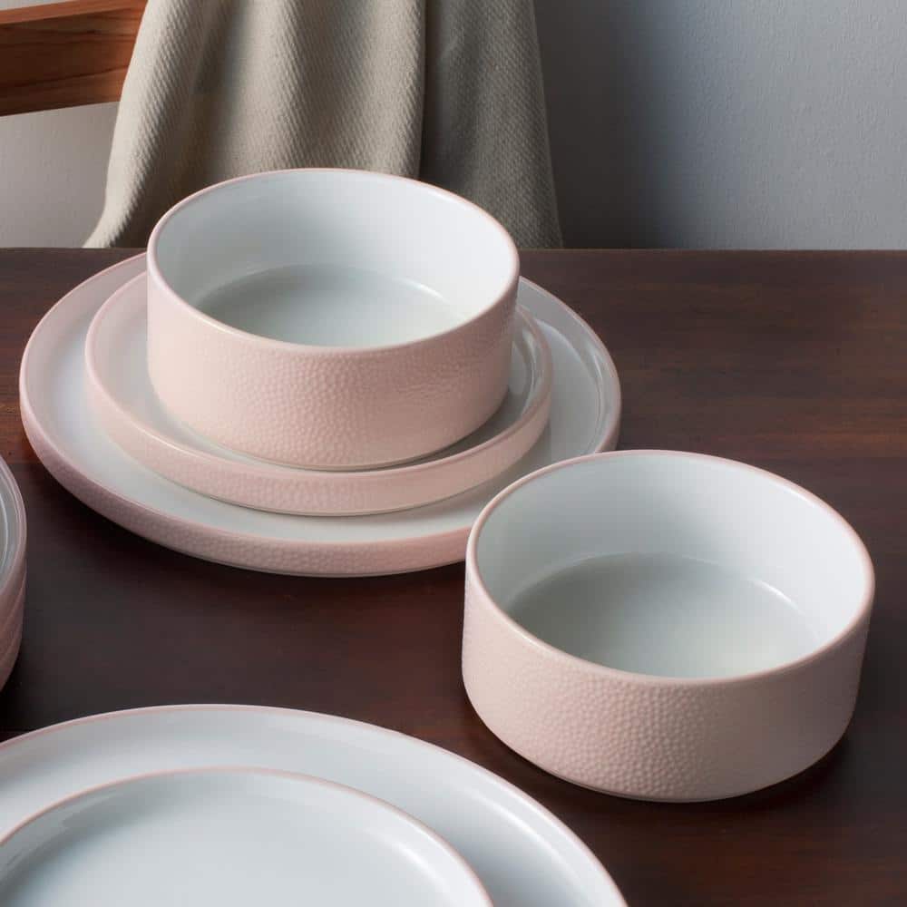 Blush and White Porcelain 12-Piece Textured Dinnerware Set