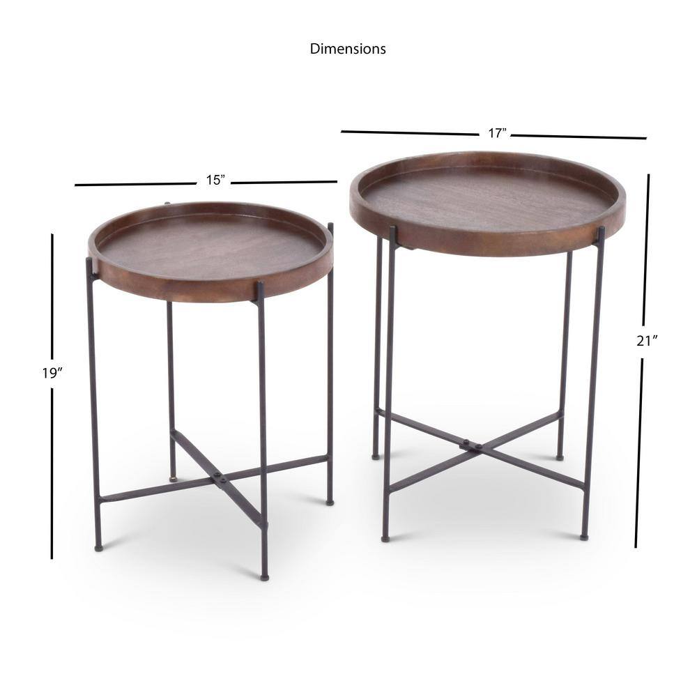 Set of 2 Round Black and Brown Mango Wood Accent Tables