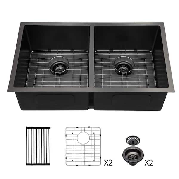 EPOWP 33 in. Undermount Double Bowl (50/50) 16-Gauge Gunmetal Black Stainless Steel Kitchen Sink with Drying Rack