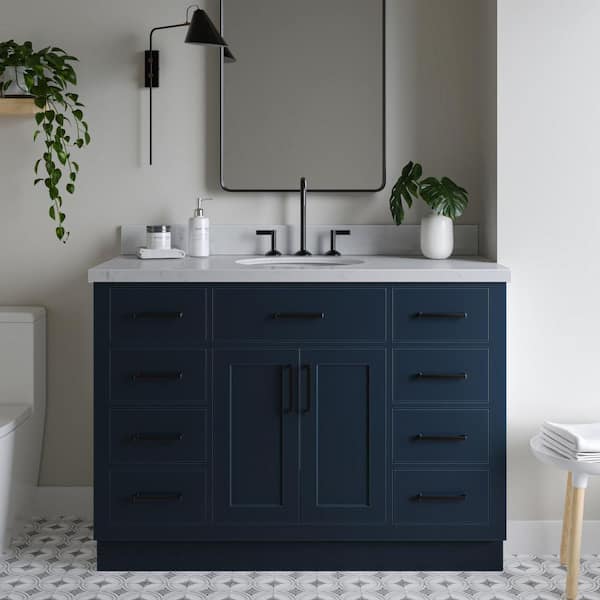 ARIEL Hepburn 48 in. W x 22 in. D x 36 in. H Single Sink Freestanding Bath Vanity in Midnight Blue with Carrara Qt. Top