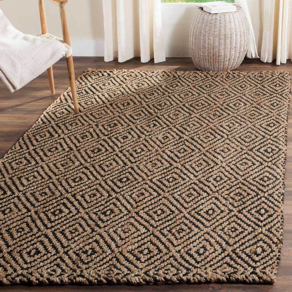 Hand-Knotted Geometric Jute Area Rug in Natural/Black, Round