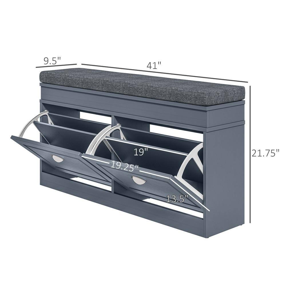 Gray Modern Shoe Rack Bench with Cushion and Storage Drawers