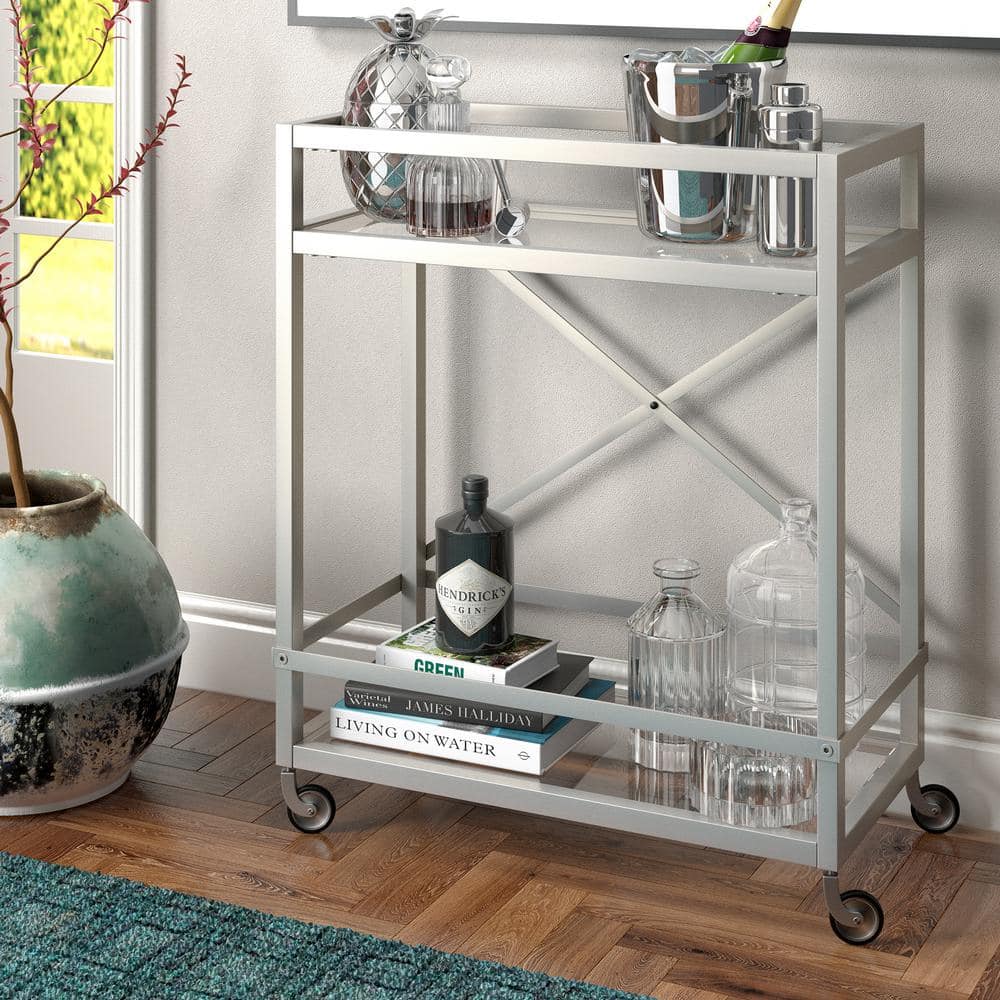 Contemporary Silver 2-Tier Bar Cart with Glass Shelves and Metal Frame