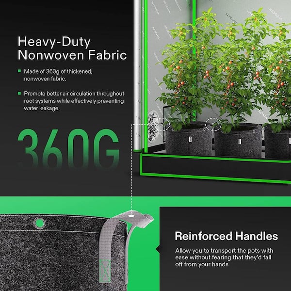 7 Gallon Grow Bags 5-Pack Black Thickened Nonwoven Fabric Pots with Handles, Multi-Purpose Rings