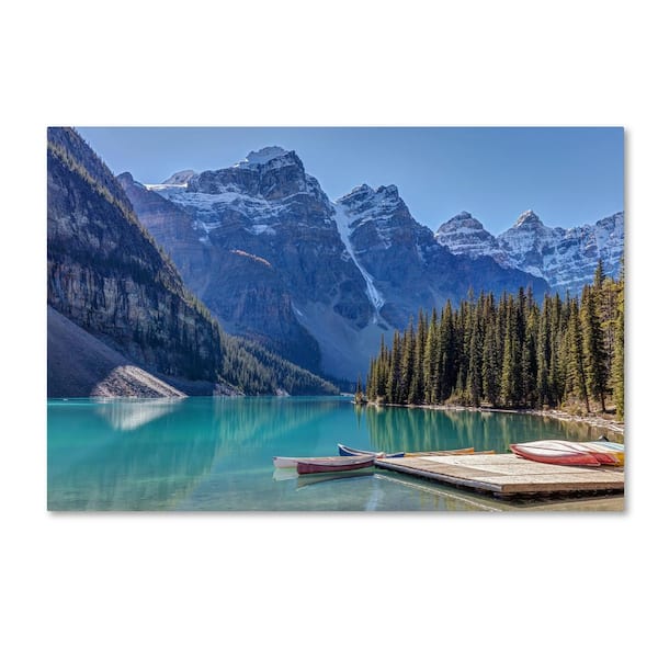 Trademark Fine Art Moraine Lake Canoes by Pierre Leclerc Floater Frame Nature Wall Art 12 in. x 19 in.