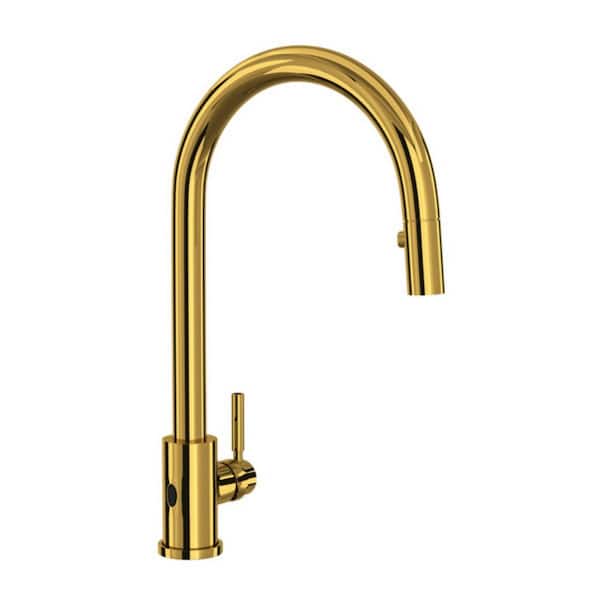 ROHL Holborn Single Handle Pull Down Sprayer Kitchen Faucet with Secure Docking in Unlacquered Brass
