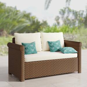 Brown Wicker Outdoor Loveseat with Built-in Storage Room and Beige Cushions