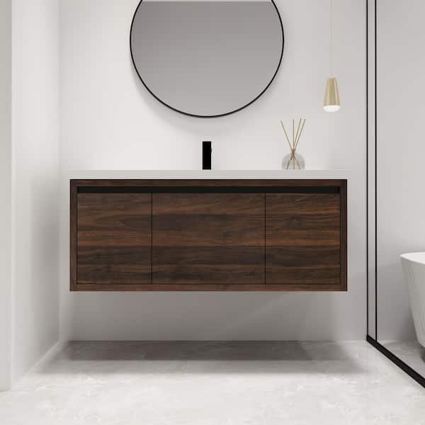 ARTCHIRLY 47.2 in. W x 18.1 in. D x 20.5 in. H Wall Mounted Bath Vanity in Brown with White Resin Vanity Top