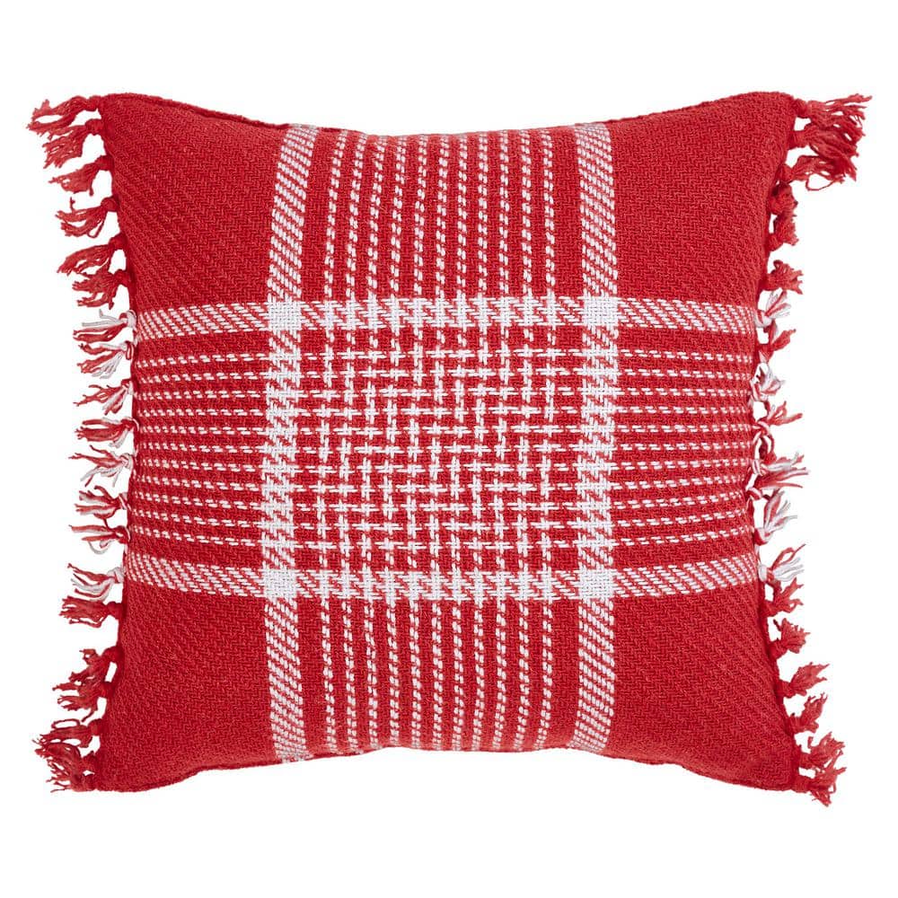 VHC BRANDS Eston Red White 12 in. x 12 in. Plaid Fringed Throw Pillow