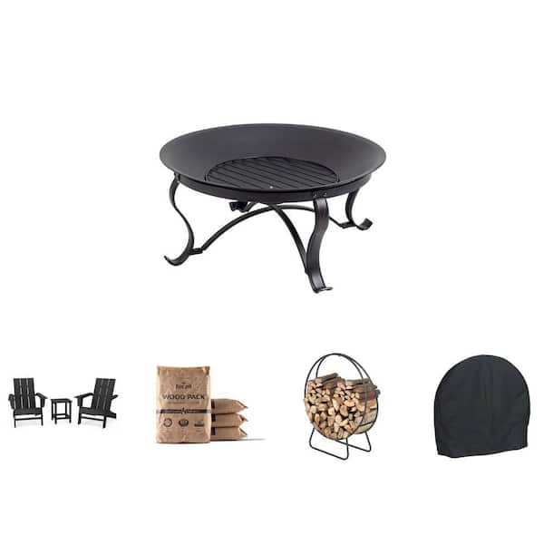 29.33 in. Fire Pit, Adirondack Chair 3-Piece Set, Fire Pit Wood 4-Pack, 24 in. Firewood Rack and Cover Combo
