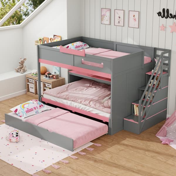 Harper & Bright Designs Gray Full Over Full Bunk Bed with Storage ...