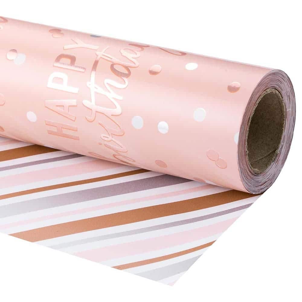 Reversible Pink Birthday Wrapping Paper Roll Happy Birthday Lettering Stripe Pattern Metallic Foil 17 in. x 32.8 ft. price history on PriceWatchPro