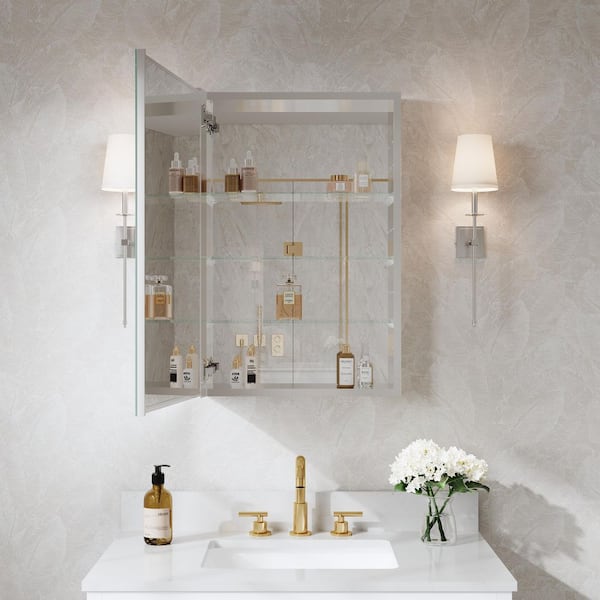 ROSA 20 in. W x 30 in. H Rectangular Aluminum Tri-View Medicine Cabinet with Mirror, Adjustable Shelves, Left Open