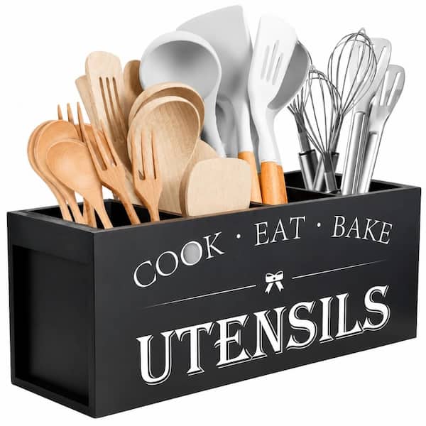 Black Wood Extra Large Utensil Holder Countertop Organizer with 4 Compartments and Removable Divider