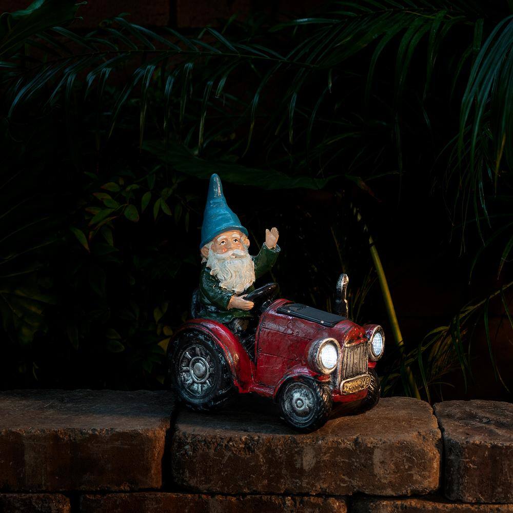 10" Red Polyresin Tractor Riding Gnome with LED Lights