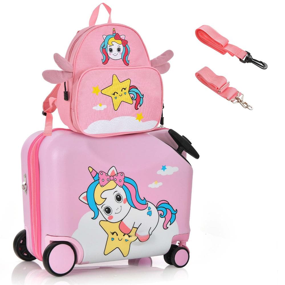 Costway 2-Pieces Kids Ride-on Luggage Set 18 in. Carry-on Suitcase and ...