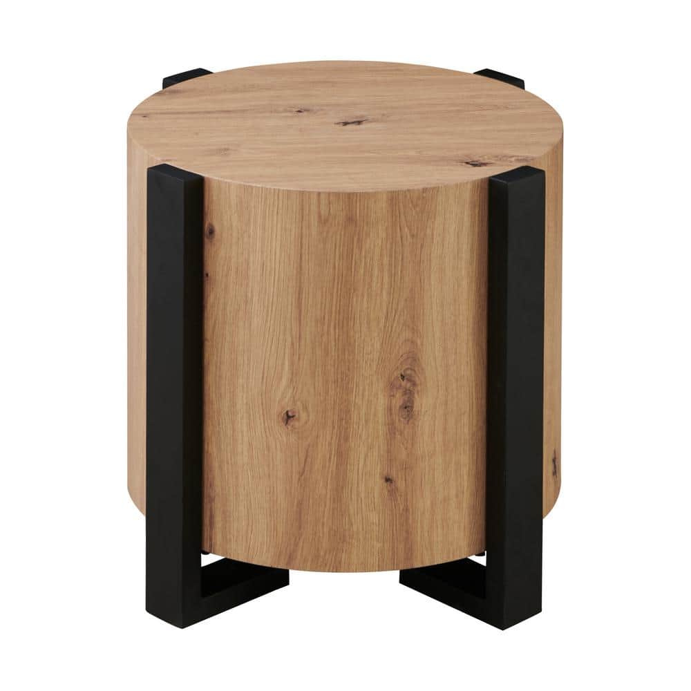 Darcie Natural Brown Round Wood End Table with Black Metal Legs