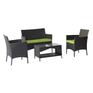 4-Piece Wicker Patio Conversation Sofa Set with Green Cushions