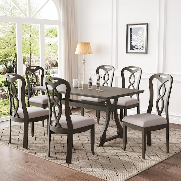 Harper & Bright Designs 7-Piece Dark Brown Acacia Veneer MDF Top Dining Set with 6 Gray Linen Upholstered Chairs
