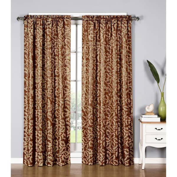 Window Elements Semi-Opaque Dawson Shimmering Leaf 54 in. W x 84 in. L Rod Pocket Extra Wide Curtain Panel in Rust