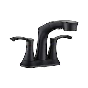 4 in. Centerset Double Handle Mid Arc Bathroom Pull Out Sprayer in Matte Black