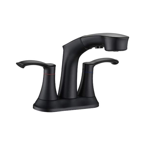 Lukvuzo 4 in. Centerset Double Handle Mid Arc Bathroom Pull Out Sprayer in Matte Black