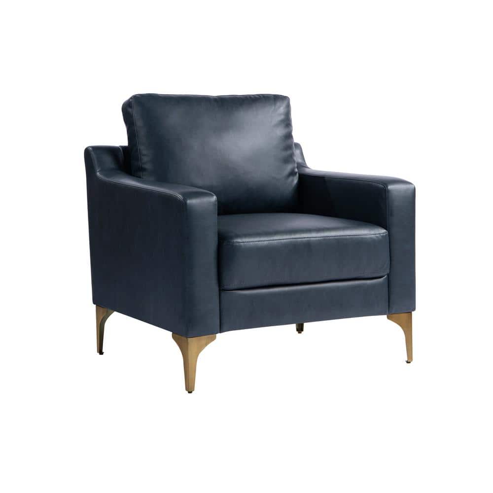 Navy Blue Faux Leather and Wood Accent Chair