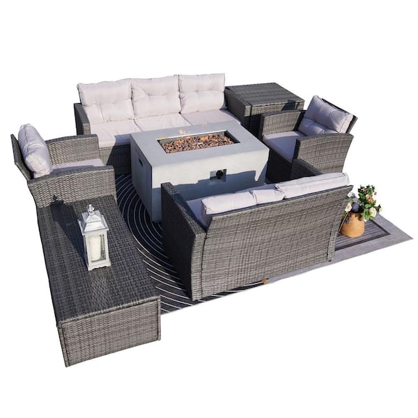 moda furnishings Fort 7-Pieces Wicker Rock and Fiberglass Fire Pit Table with Gray Cushions Sectional Sofa Set and 2 Storage Box
