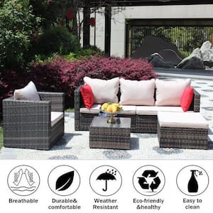 110 in. Wicker Outdoor Sectional Set with Beige Cushions Patio Furniture Brown Modular Free Combination Sectional