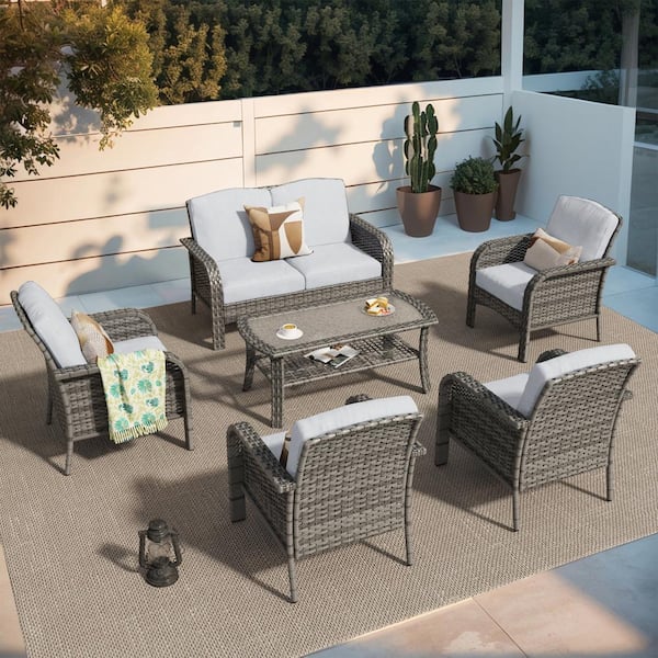 weaxty W Hyacinth Haven Gray 6-Piece Wicker Patio Outdoor Conversation Seating Set with a Coffee Table and Dark Gray Cushions