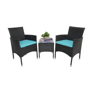 3-Piece Black Wicker Patio Conversation Set with Blue Cushions