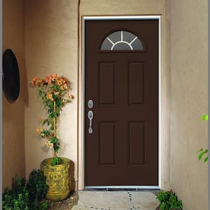 30 in. x 80 in. Fan Lite Dark Chocolate Painted Steel Prehung Right-Hand Inswing Front Door w/Brickmould