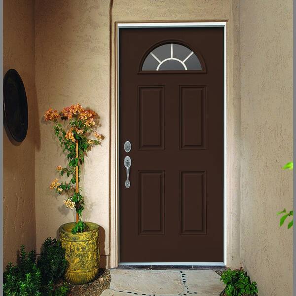 30 in. x 80 in. Fan Lite Dark Chocolate Painted Steel Prehung Right-Hand Inswing Front Door w/Brickmould