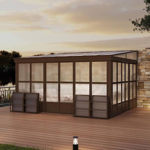 12 ft. x 14 ft. Lean-To Aluminum Gazebo Sunroom with Sloping Roof, Detachable Screens and 2-Lockable Sliding Door