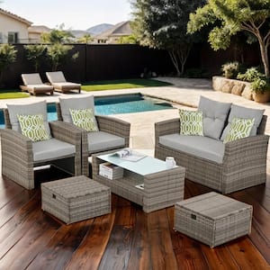6-Piece Patio Furniture Set Wicker Outdoor Conversation Set with 2 Ottomans and Coffee Table Gray Cushions