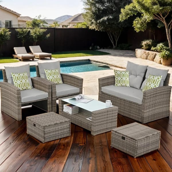 AUTMOON 6-Piece Patio Furniture Set Wicker Outdoor Conversation Set with 2 Ottomans and Coffee Table Gray Cushions