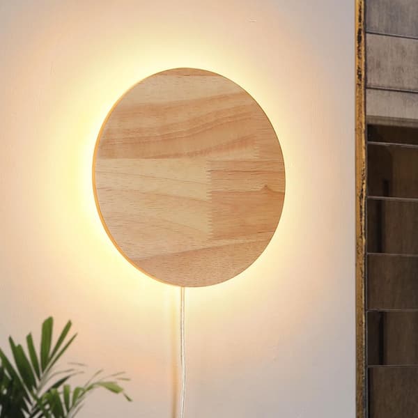 Modern 11.8 in. 1-Light LED Wall Sconces with Round Wood Base, Farmhouse Reading Wall Lamp