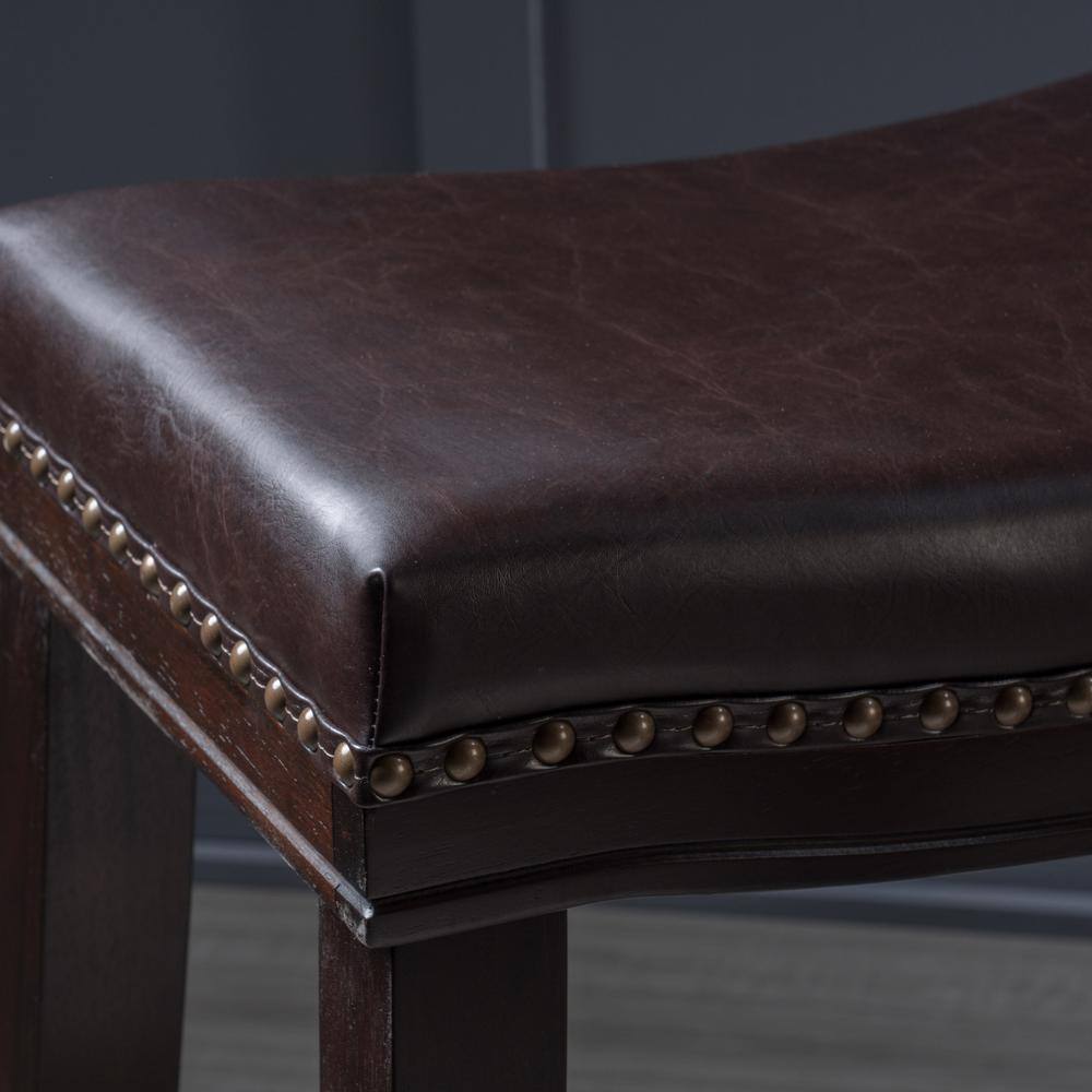 Brown Wood Saddle Counter Stools with Dark Brown Upholstered Seat, Set of 2
